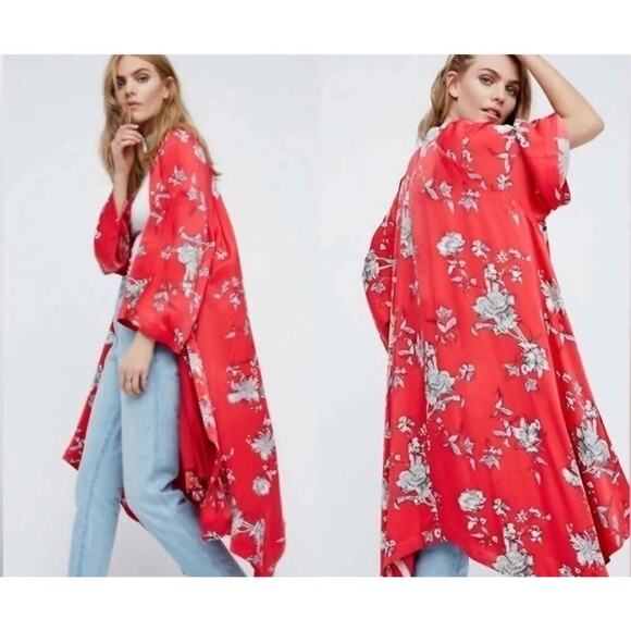 LOVE,FIRE Red multi color  flowery kimono - Picture 3 of 3